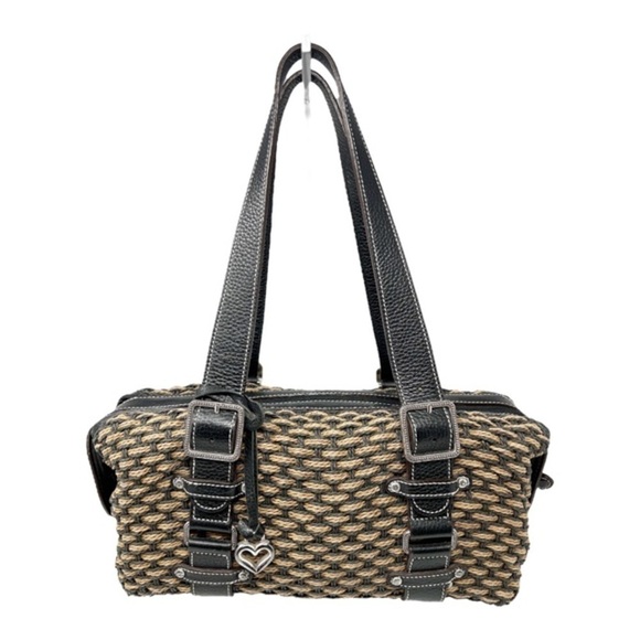 Brighton Brown Woven Hemp w/ Black Leather Trim & Buckle Handbag Purse - Picture 1 of 12